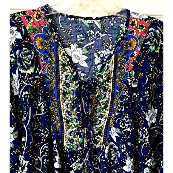 Anna-Kaci Women's M MulticolorTie Front V-Neck Bohemian Fairycore Floral Top - Picture 6 of 12
